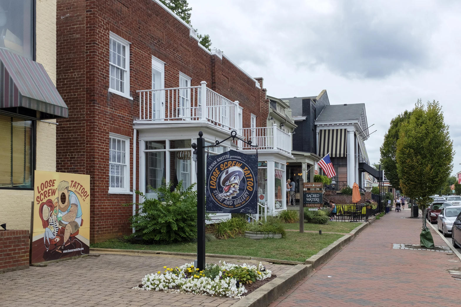 Brick storefronts along Carytown in Richmond