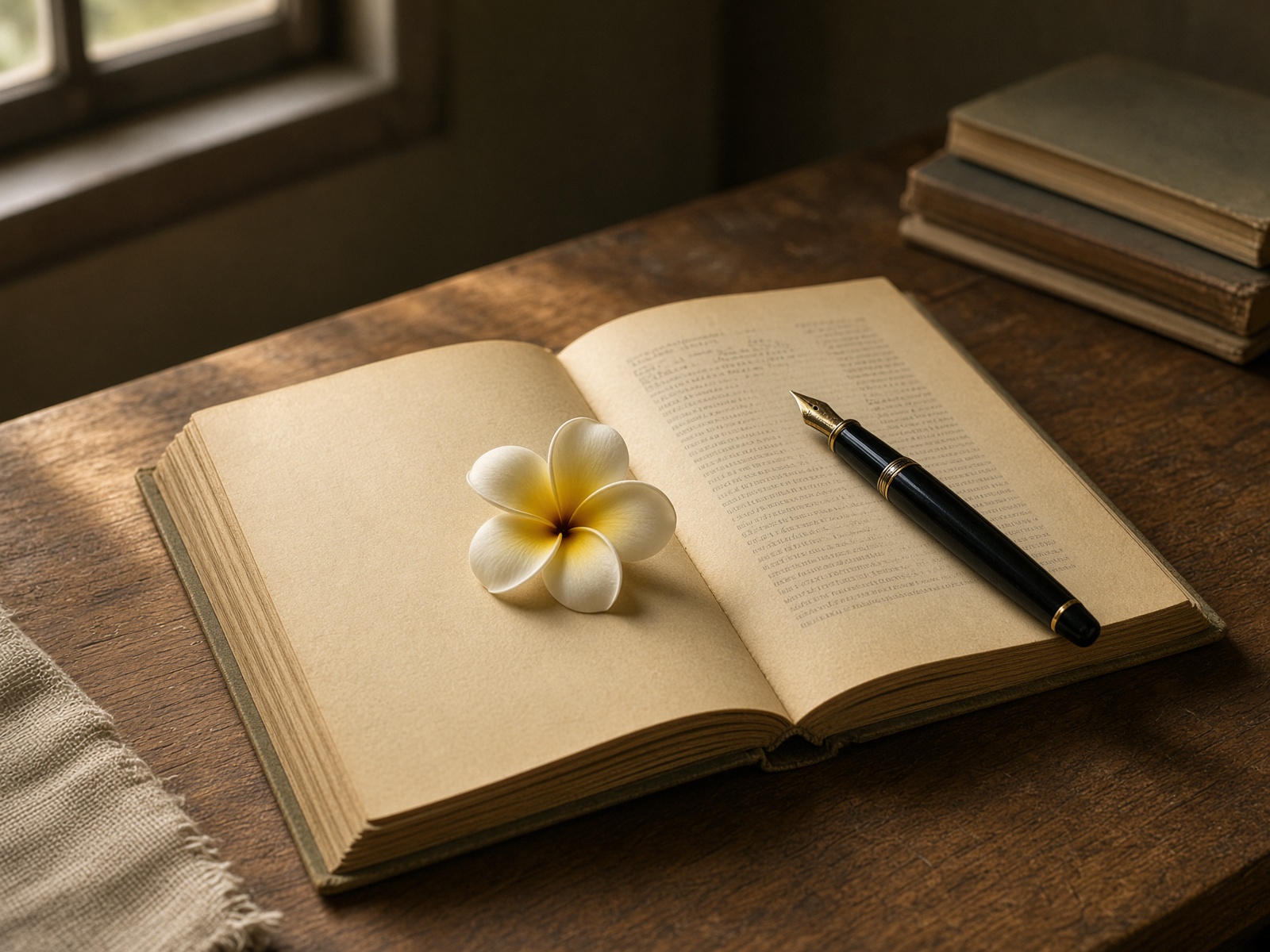 Open vintage directory with a plumeria blossom