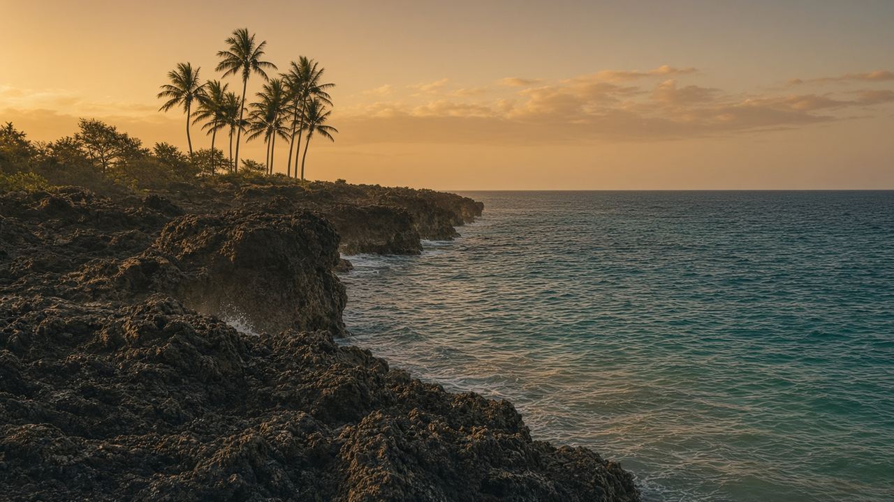 Rocky Hawaiian coastline with coconut palms at golden hour — Hawaiian Yellow Pages