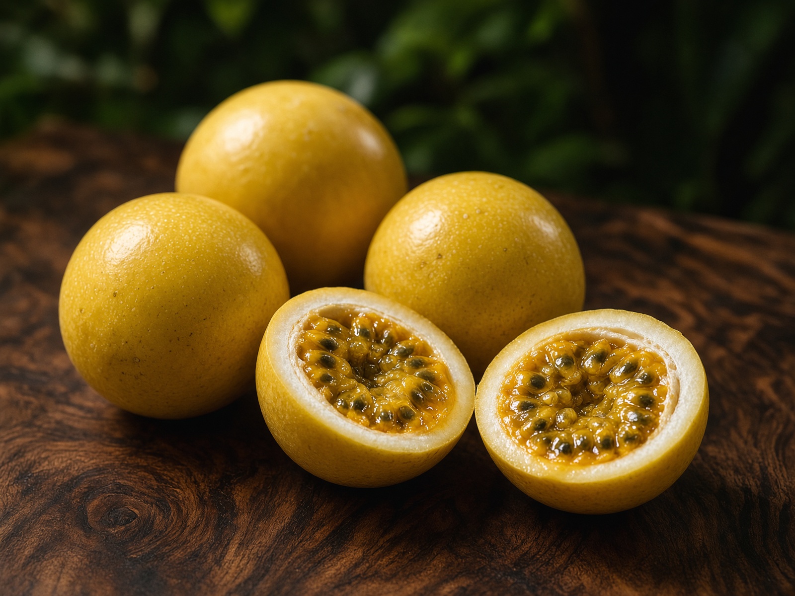 Halved lilikoi passion fruit on koa wood