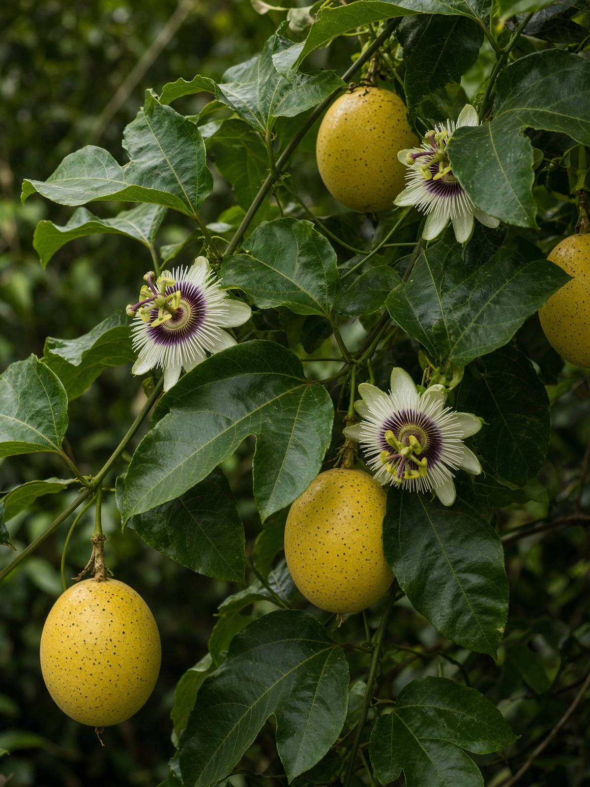 Passion fruit vine with flowers and hanging fruit